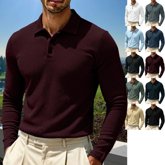 GrmtClth Mens Textured Long Sleeve Polo Sweaters Lightweight Breathable Three Button Collar Casual Golf Daily Commute Pullover Tops Wine 4XL