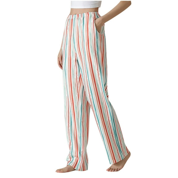 Annhoo Cotton Pants for Women Striped Elastic Waist Trendy Pant with Pockets Sports Casual Comfy Loose Pajamas Trousers