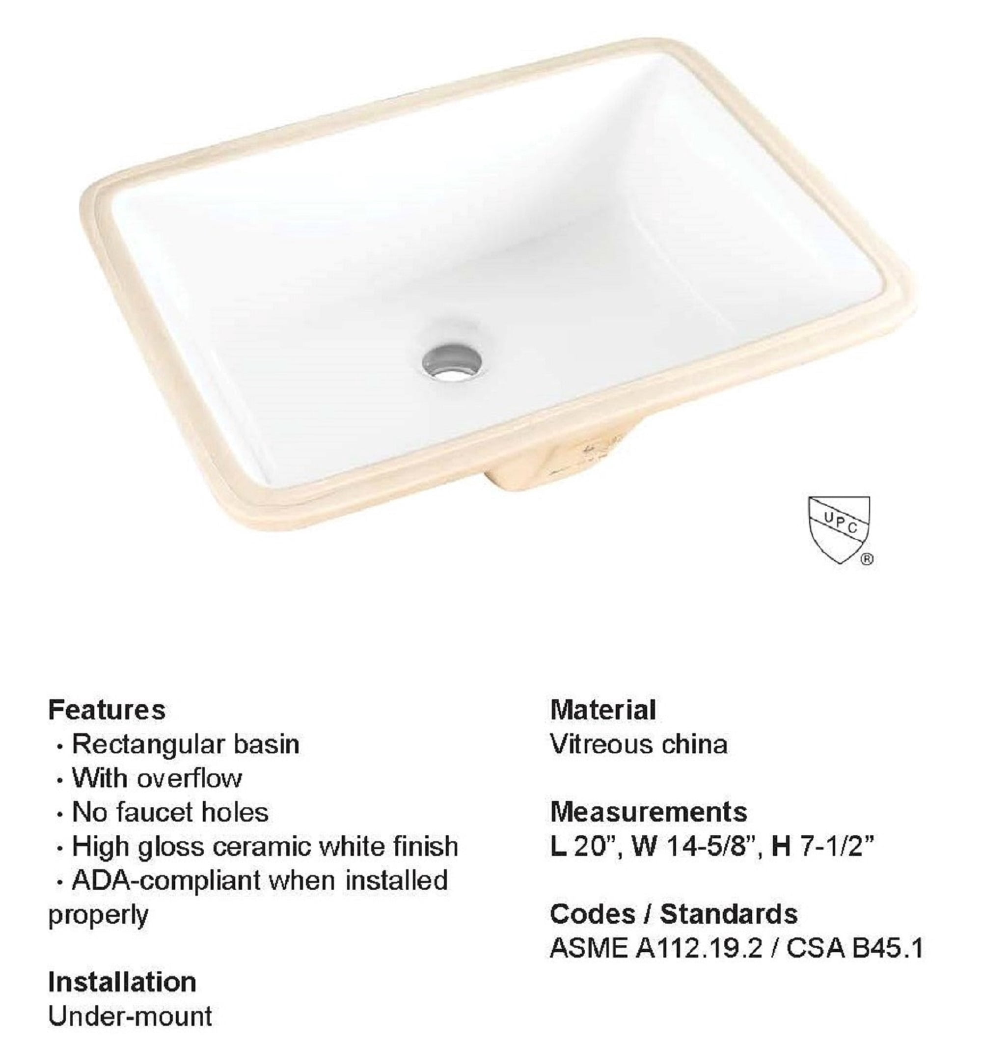 Fiore 2015, 20''x15'' Rectangle Undermount Bathroom Sink w/Concealed Overflow hole, Modern Style Porcelain Ceramic Lavatory, White Vanity Vessel Sink