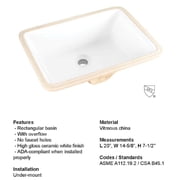 Fiore 2015, 20''x15'' Rectangle Undermount Bathroom Sink w/Concealed Overflow hole, Modern Style Porcelain Ceramic Lavatory, White Vanity Vessel Sink