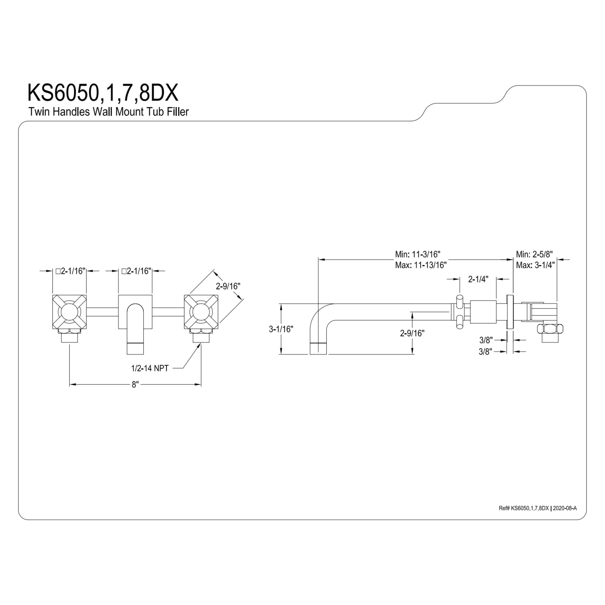 Kingston Brass KS6057DX Concord Two-Handle Wall Mount Roman Tub Faucet, Brushed Brass