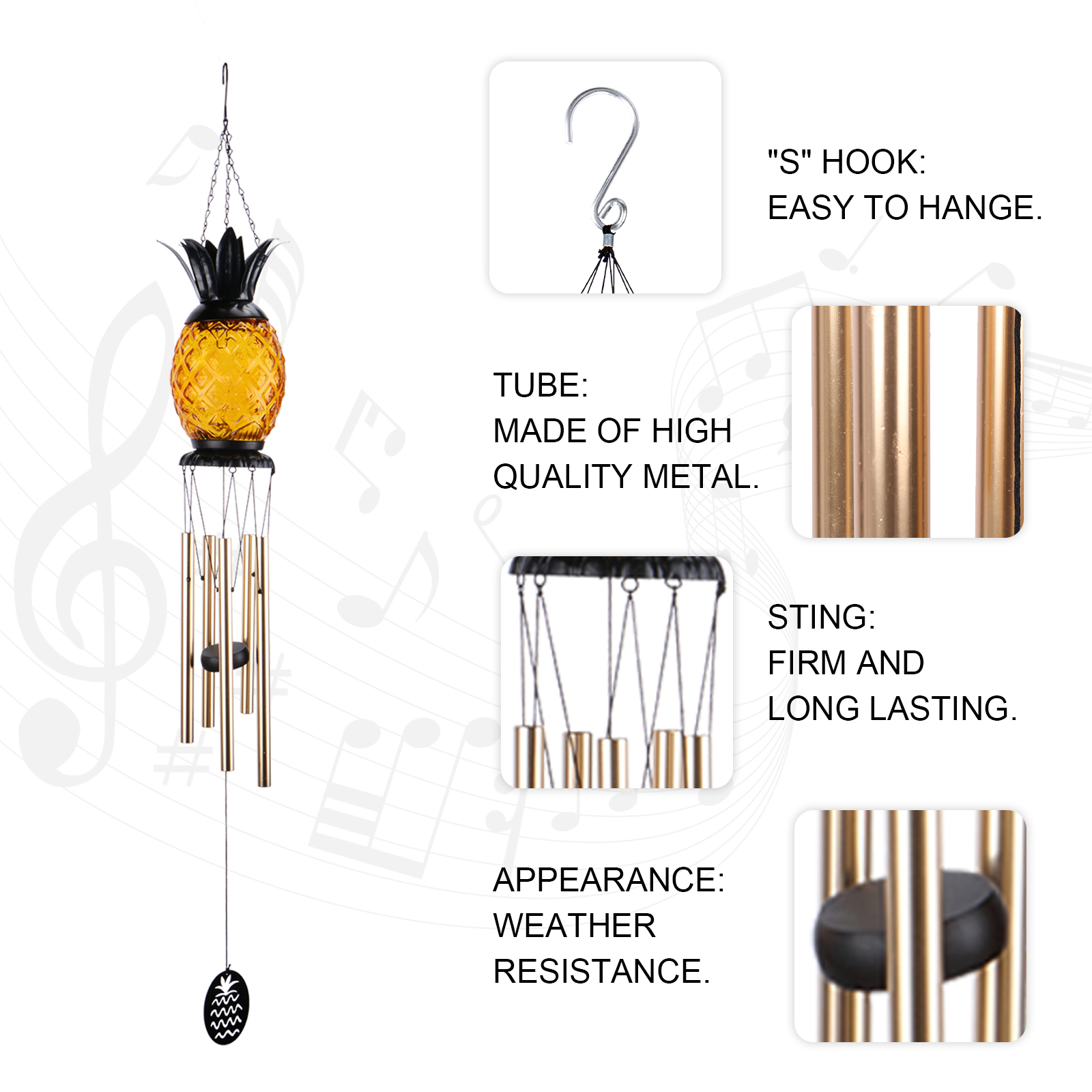 MUMTOP 40.5'' Outdoor Wind Chimes with Solar Powered LED Pineapple Light