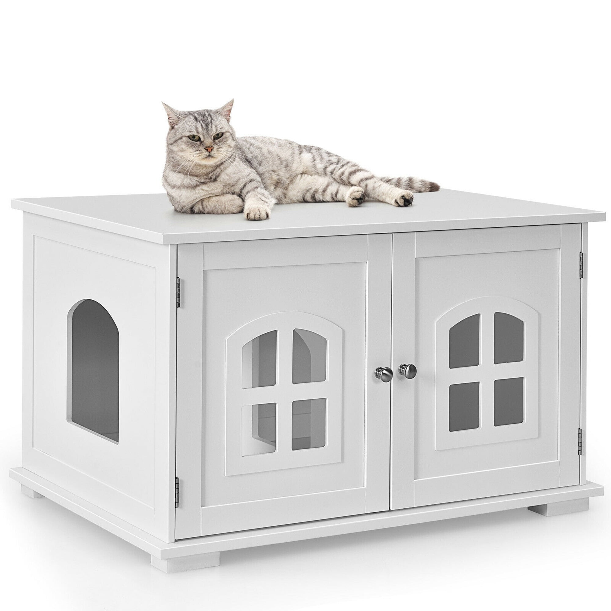 Gymax Enclosure Cat Litter Box with Divider, Large, Wooden, White