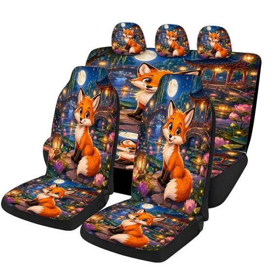 Verolix 5-Piece Cute Fox Car Seat Covers, Mesh Fabric Universal Fit Front & Rear Automotive Seat Protectors for Cars SUVs Trucks
