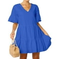 thumbnail image 2 of FANCYINN Women’s Blue Shift Tunic Mini Dress with Pockets Short Bell Sleeve V Neck Casual Swing Ruffle Hem Dress XL, 2 of 5