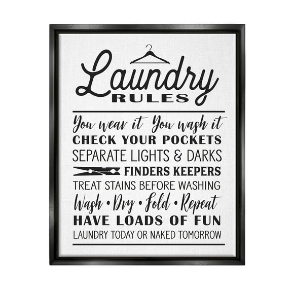 Stupell Industries Laundry Rules with Hanger Typography Jet Black Framed Floating Canvas Wall Art, 16x20, by Lettered and Lined