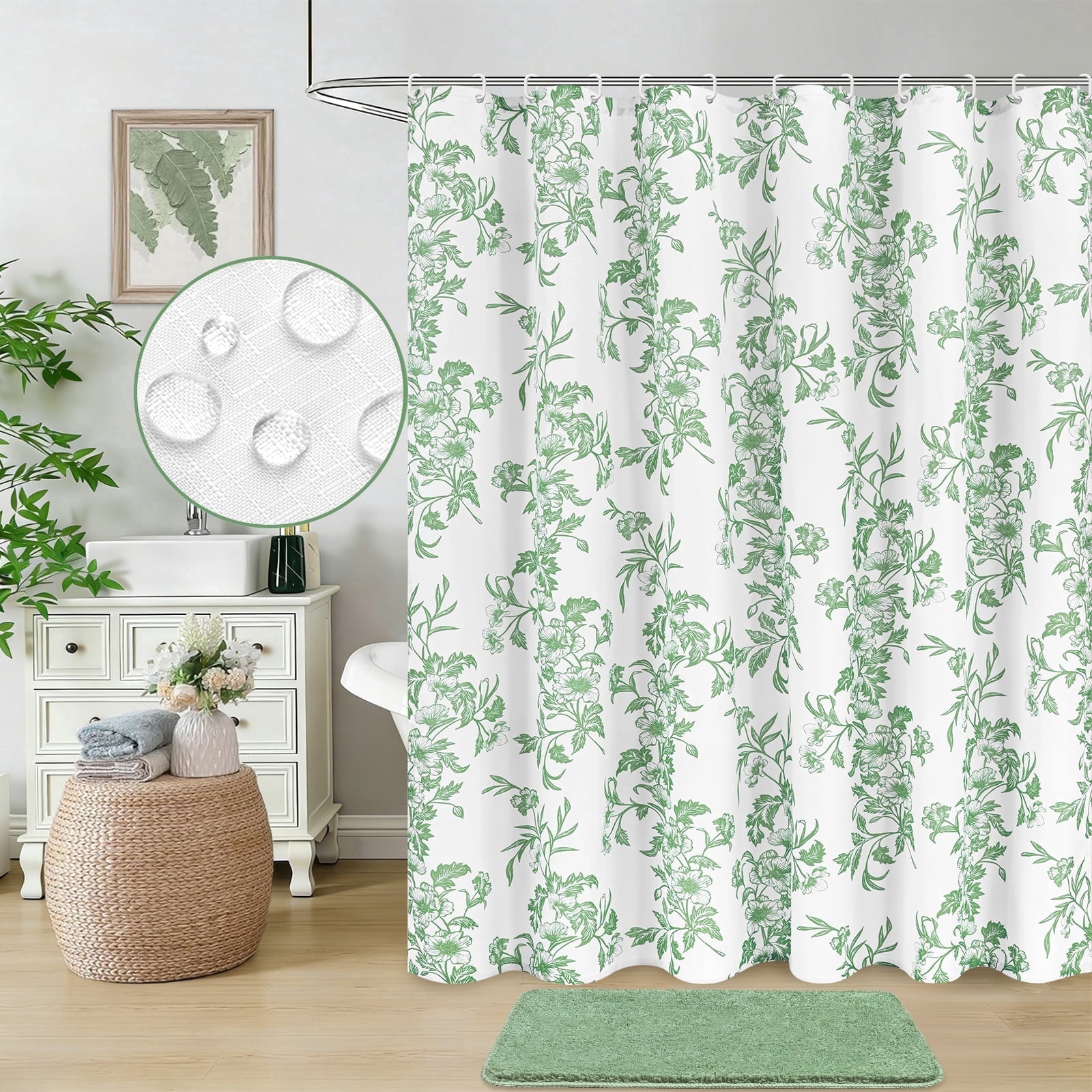 FRAMICS Sage Green Shower Curtain Sets with Non-Slip Rug & 12 Hooks, Heavy Duty Floral Cottagecore Fabric Bathroom Sets, Waterproof & Washable 72" x 72"