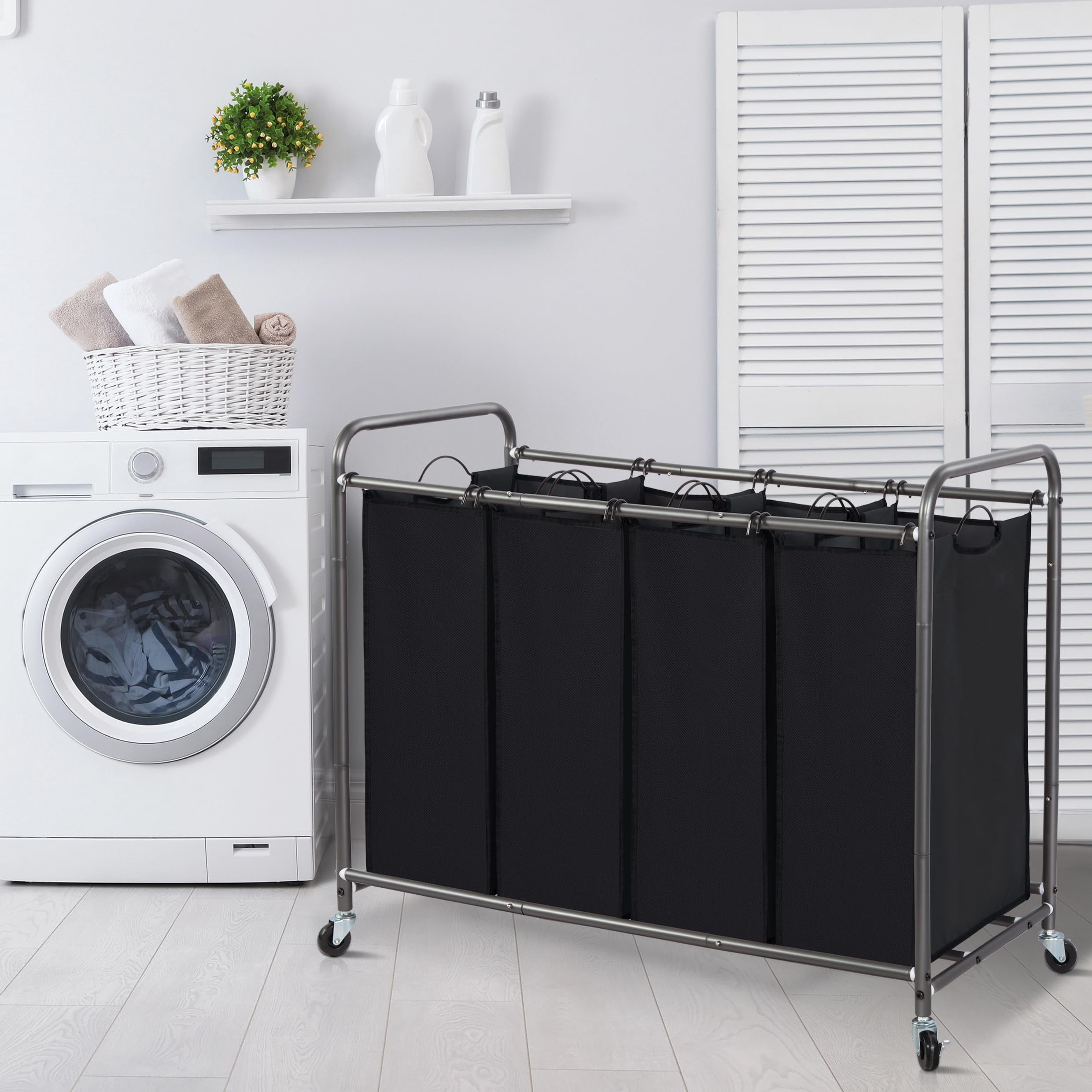 Laundry Sorter 4 Section, 47.8 Gal (181 L) Laundry Hamper with Wheels, Clothes Divider Basket Sorter, Clothes Separator Hamper Cart with Wheels and Removable Bags, Black