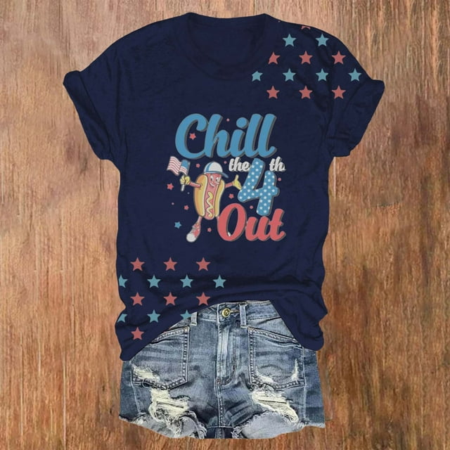 Hauts d'Été pour Femmes, Tenues T-Shirts 4 Juillet 2024, T-Shirt Col Rond Imprimé Jour de l'Indépendance Bleu
