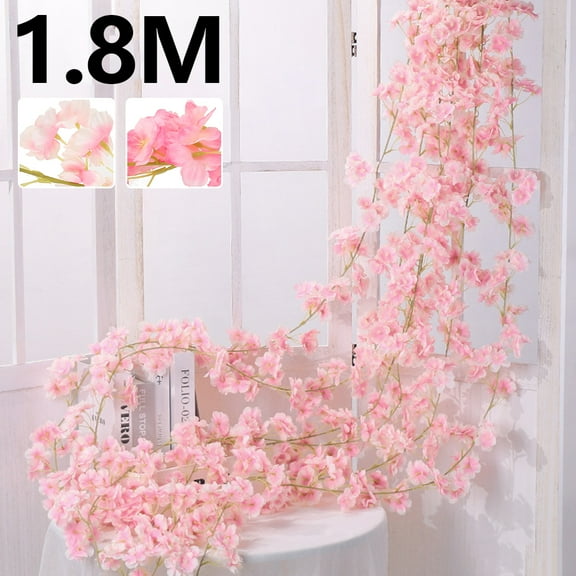 Morttic 1 Pc Artificial Cherry Blossom Vine,1.8M Artificial Silk Flowers Cherry Blossom Hanging Vine Garland for Home Wedding Indoor Outdoor Garden Wall Decor Party Decoration (Light Pink)