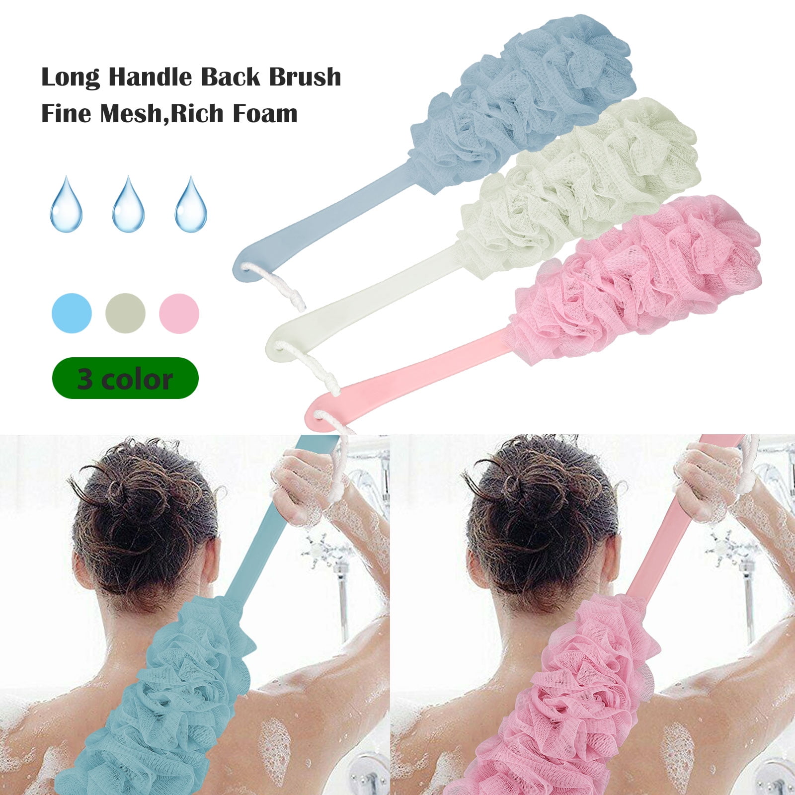 Long Handled Nylon Body Bath Shower Back Brush Scrubber Cleaning Massager 