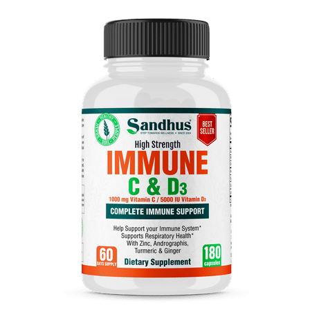 Sandhu's High Strength Immune C & D3 Supplement Capsules, Complete Immune Support, 1000mg, 180 Ct