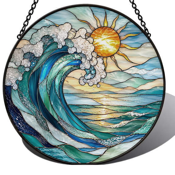 Godmerch Ocean Sunrise Stained Glass Suncatcher Window Hanging Decor, Coastal Acrylic Sea Wave Sun Catcher Ornament for Home Garden, Gift for Nature Lovers