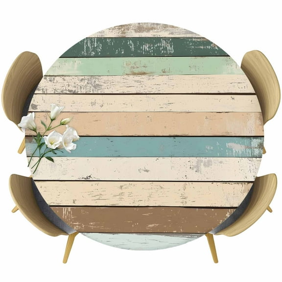 Farmhouse Green Brown Round Tablecloth 45-54 Inch Round Fitted Table Cloth with Elastic Edge, Vintage Ombre Wooden Waterproof Table Cover Protector for Outdoor Picnic Party Dining