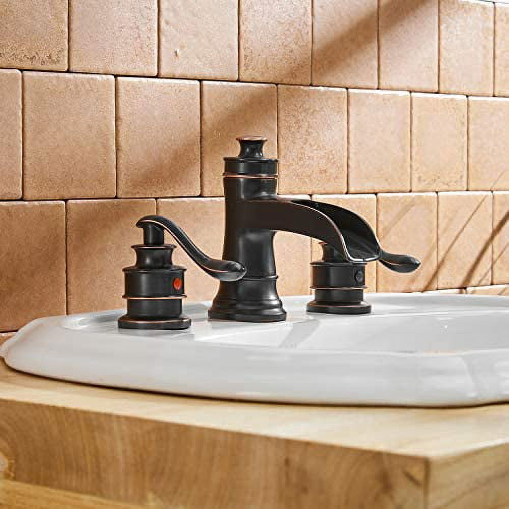 BWE 8 Inch Widespread Bathroom Faucet Oil Rubbed Bronze with Pop Up Drain and Supply Hose Lead-Free Two-Handle 3 Holes Waterfall Bathroom Sink Faucet Lavatory Mixer Tap