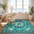 thumbnail image 3 of Design&I 8'x10' Washable Area Rug Extra Large Skid-Resistant Low Profile Boho Peacock Medallion With Distressed Vintage Border Accents for Living Room, Family, 3 of 7