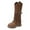 Brown, variant on Winter Fall Studded Fringe Platform Wide Mid Calf Boots for Women Boho Ethnic Chunky Knee High Cowboy Cowgirl Riding Tall Boots