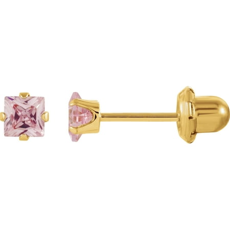 14K Yellow Gold Pink Synthetic Cubic Zirconia 4-Prong Square Piercing Earrings