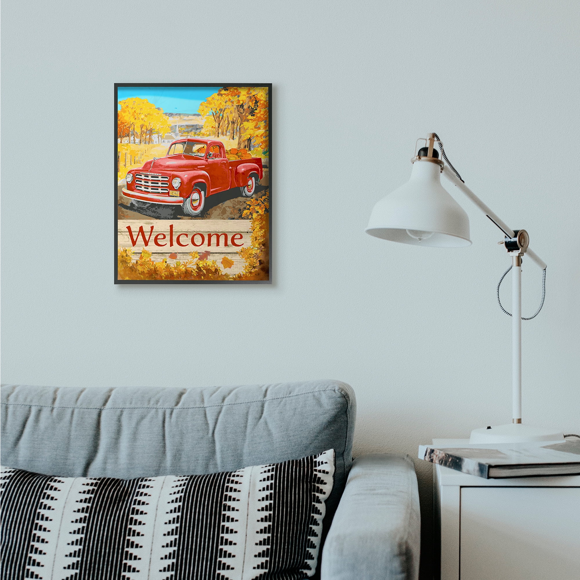 Stupell Industries Welcome Red Truck Fall Autumn Landscape Design Graphic Art Black Framed Art Print Wall Art, 16x20, by The Saturday Evening Post