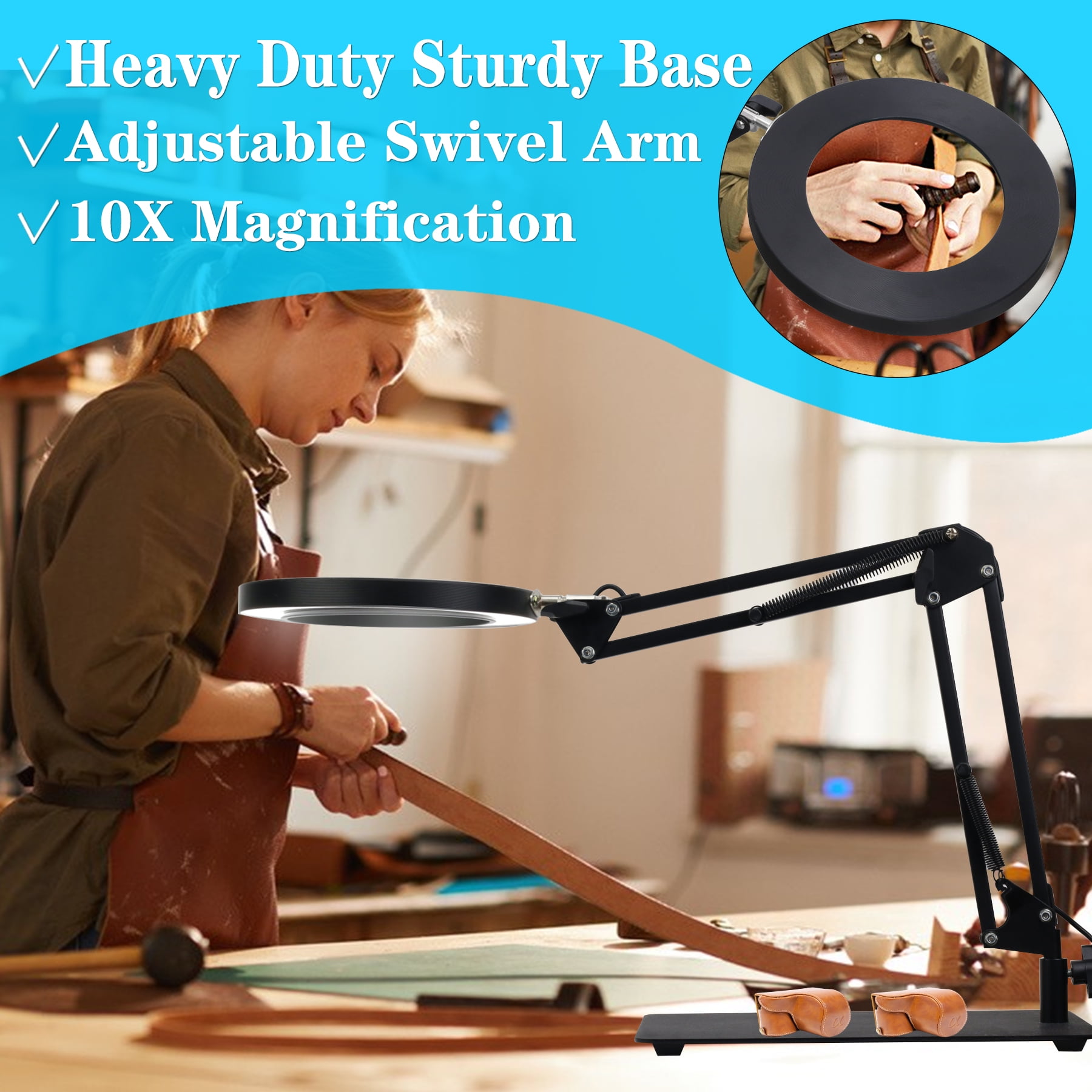 KIRKAS Magnifying Glass with Light and Stand, Real Glass 2-in-1Anti-Tipping Base & Clamp Magnifying Lamp, 3 Color Modes Stepless Dimmable, LED Lighted Magnifier with Light for Hobby Reading Craft