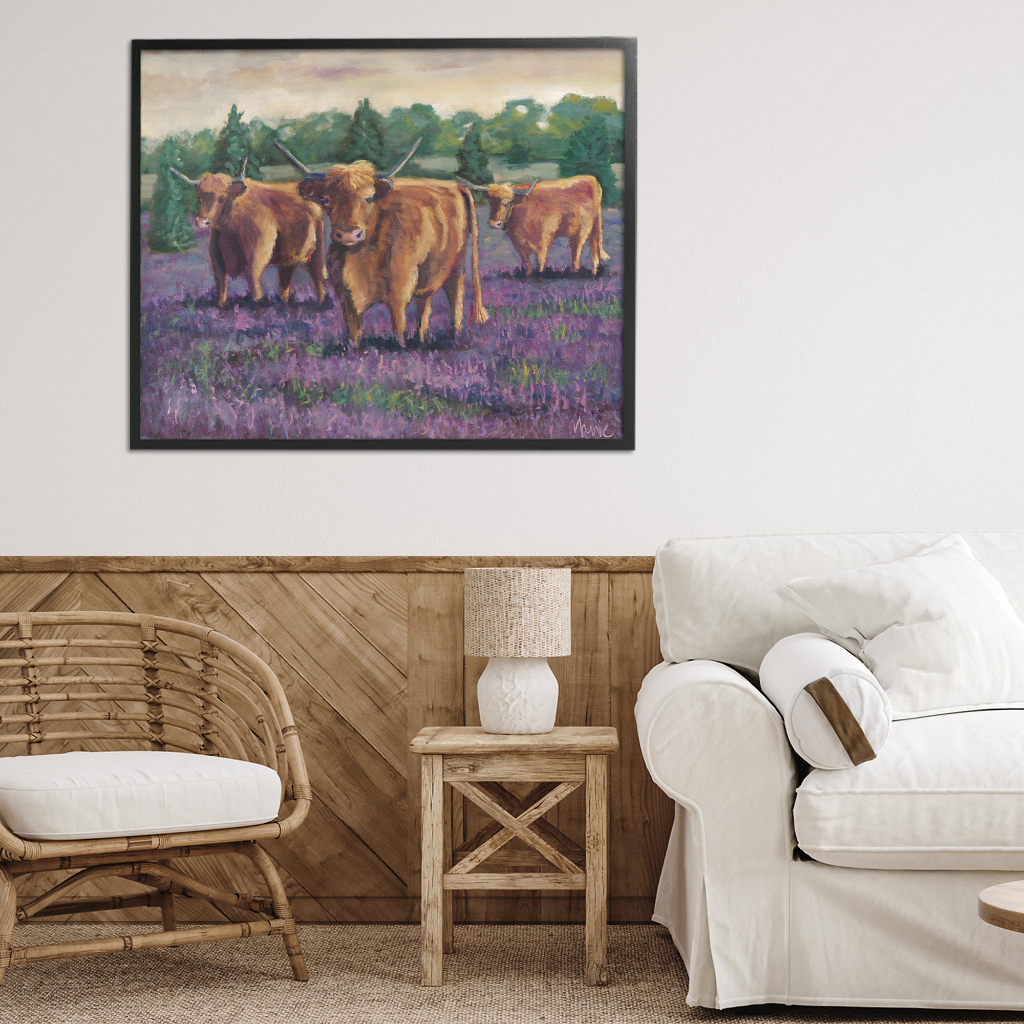 Purple Fields & Cows Black Framed Giclee Art, design by Marnie Bourque