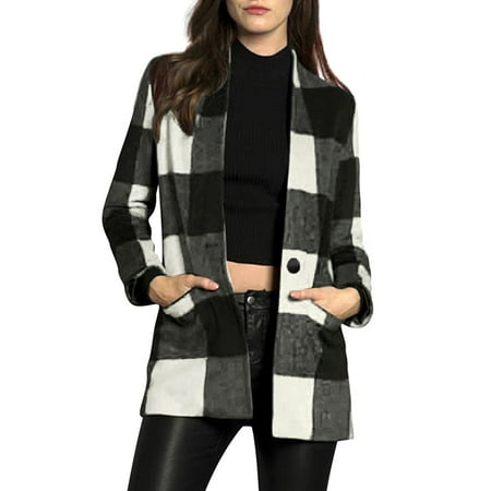Woman Classic Plaid Button Closed Wool Worsted Coat
