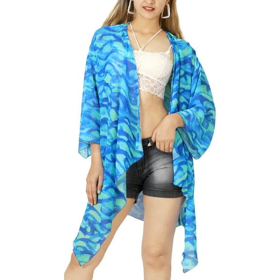 LA LEELA Women's Chiffon Summer Tropical Beach Loose Casual Kimono Tops Beachwear Duster Cardigan Cover up Kimonos for Women L-XL Han, Waves
