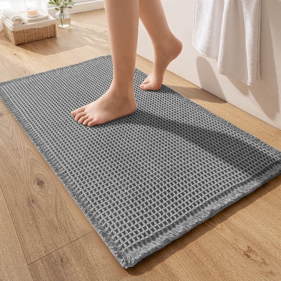 Bathroom Rugs Waffle Bathroom Runner，Super Soft Absorbent Non Slip Bath Mat Beside Tub Rubber Backed Machine Washable Bathroom Rugs with Tassels Boho Bathroom Decor