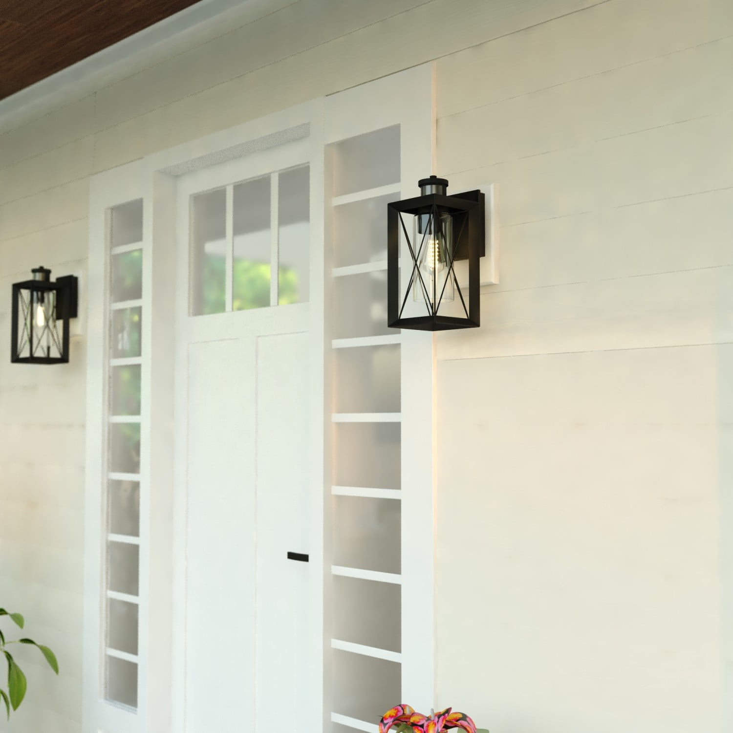 Milton Matte Black Motion Sensor Dusk to Dawn Outdoor Wall Light Transitional Clear Glass