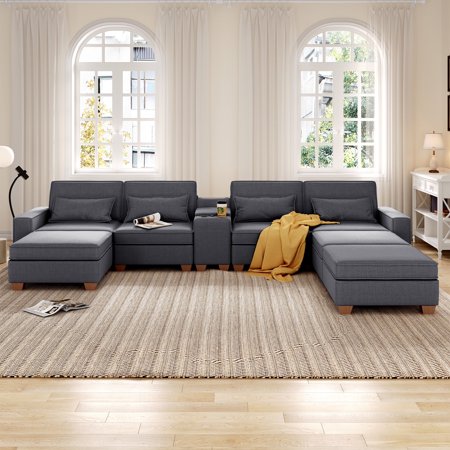 Pingliang Home Oversized Modular Sectional Sofa Couch with Storage & Reversible Ottoman & Versatile Console End Table,Modern Linen Convertable L U Shaped Sofa Bed for Living Room Large Family Office
