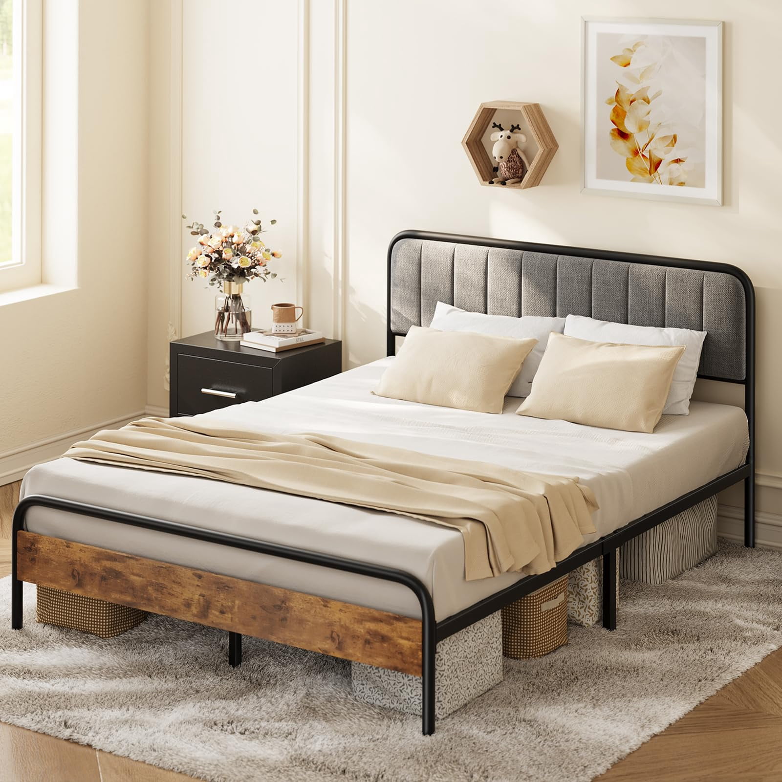 Full Size Bed Frame with Headboard, Under-Bed Storage, 850lbs, Beige