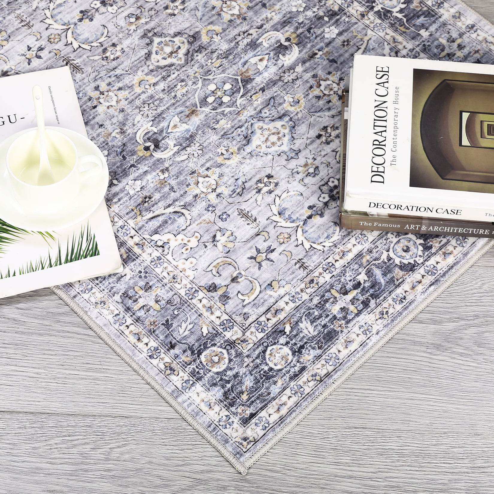Garvee Area Rug 5'x7' Vintage Floral Print Rugs for Living Room Non-Slip Stain-Resistant Throw Rugs Home Decor, Blue Gray