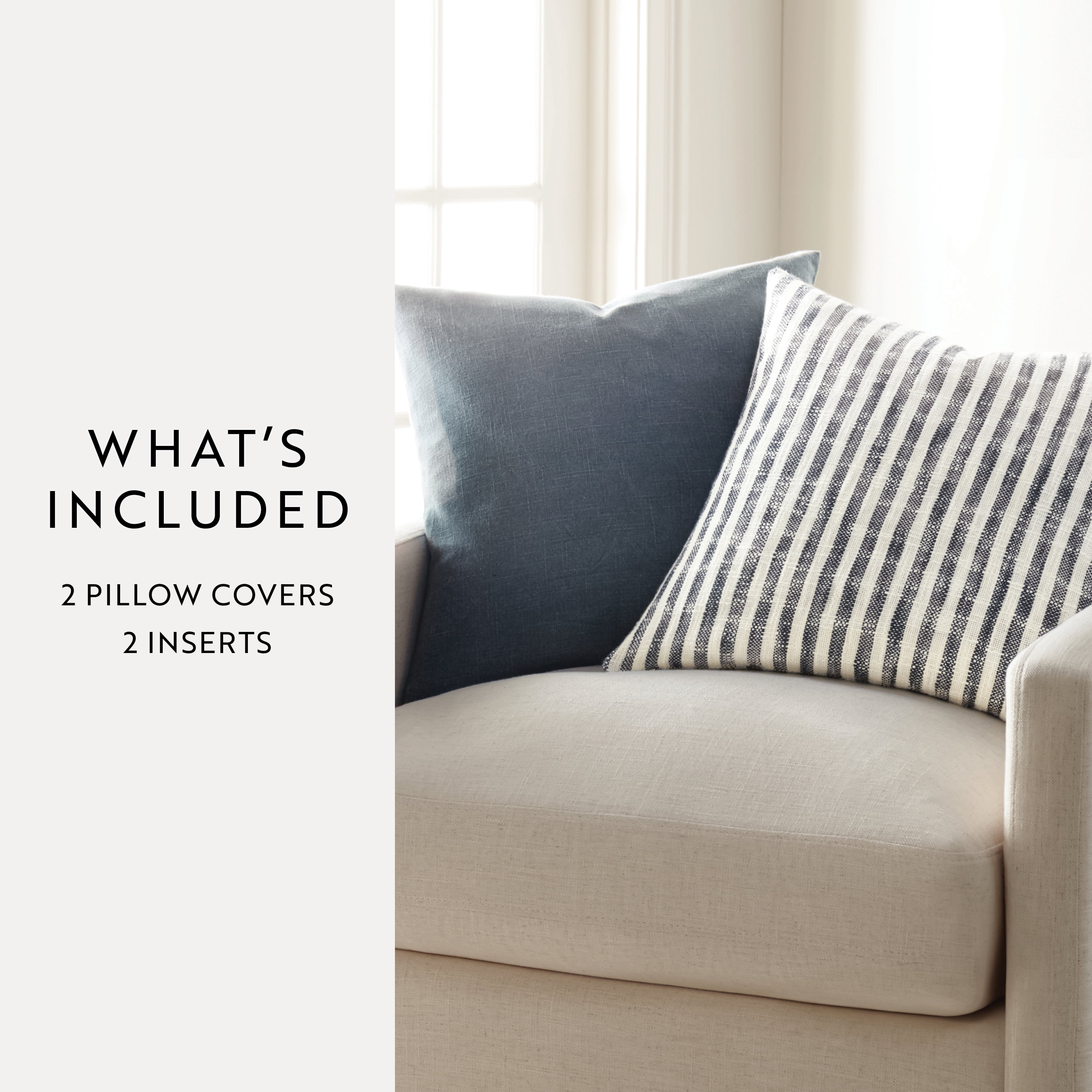 Noble Linens 2-Pack Decor Throw Pillows Navy Yarn-Dyed Bengal Stripe and Solid