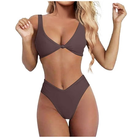 JIANJIA Swim Suits for Women Summer Solid Color Strappy V Neck Knot Front Push Up Bra And Panty Set Two Piece Tankinis Swimwears Holiday Wear Coffee L