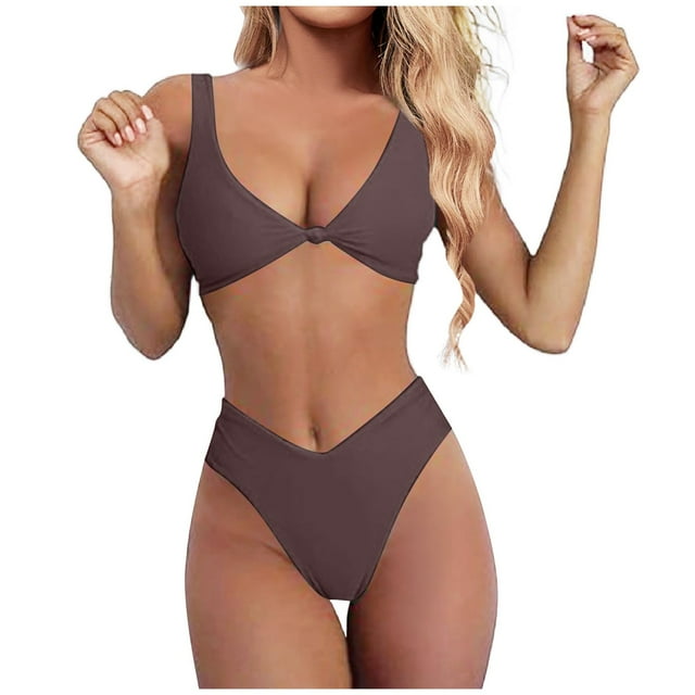 AWZXDE Two Piece Swimsuit for Women Solid Color V Neck with Knot Front Supportive Triangle Bottoms Set Beach Basic for Summer Vacation Coffee,L