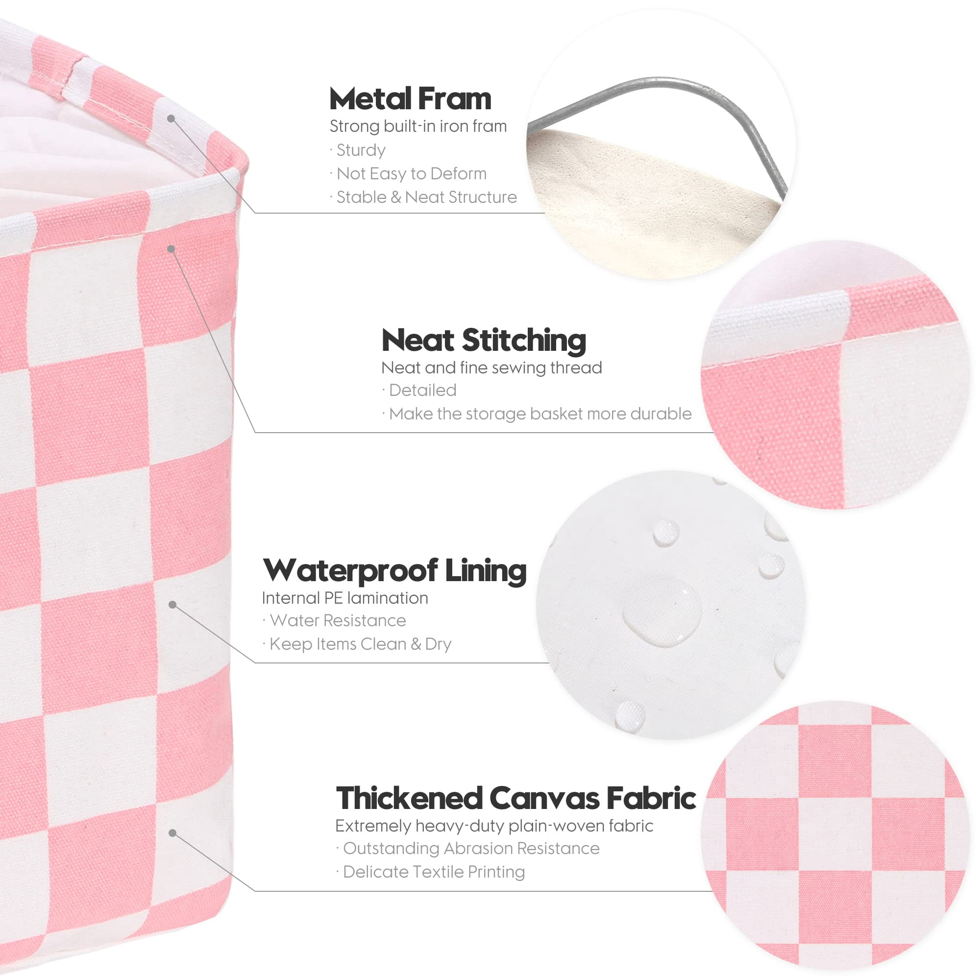 Hinwo 3-Pack Square Organizer Shelf Bins, Canvas Fabric Storage Baskets with Handles & Drawstring Cover, 22L Collapsible Storage Boxes, 11 x 11 x 11 Inches, Pink Checkerboard