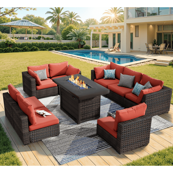 Grezone 9 Pieces Patio Furniture Set with Fire Pit Table, All Weather Outdoor Sectional PE Rattan, Patio Conversation Sets with Gas Fire Pit and Cushions for Garden Lawn Balcony Porch Deck, Red