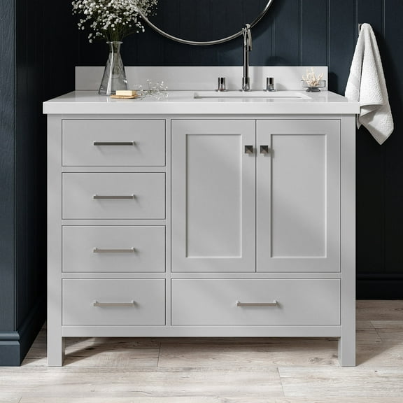 ARIEL Cambridge 43 Inch Grey Bathroom Vanity with Single Sink, Solid Wood, White Quartz Countertop, 1.5-Inch Edge, Right Rectangular Undermount Sink, 2 Soft Closing Doors, 5 Drawers