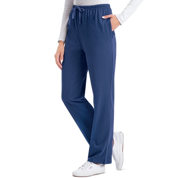 Pantalones de punto de algodón con cordón y cintura elástica para mujer, cómodos, talla pequeña, color azul marino