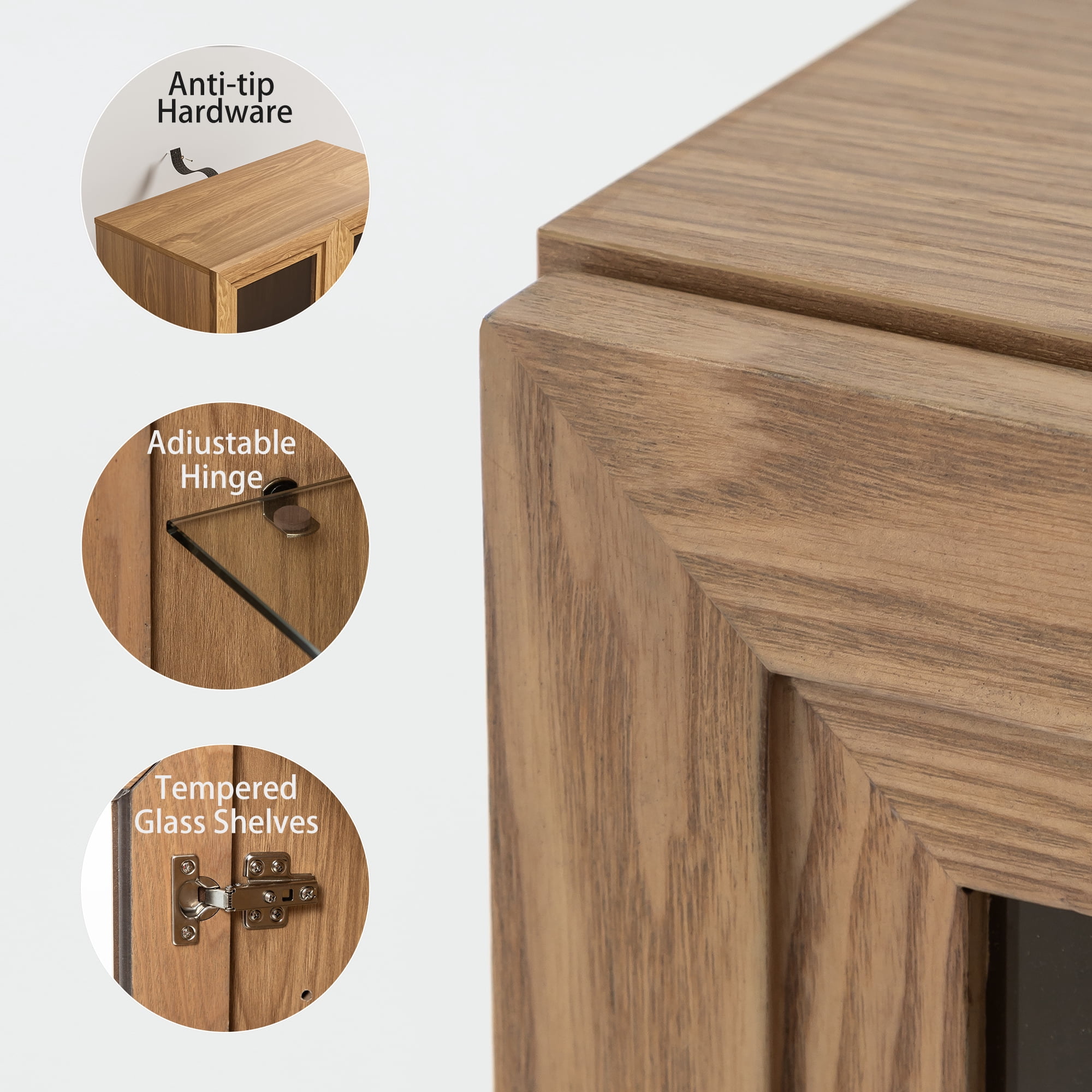 MAYEERTY 36"×31"×16" Natural Wood-Grain Storage Cabinet - Glass Doors, Elegant for Home Decor