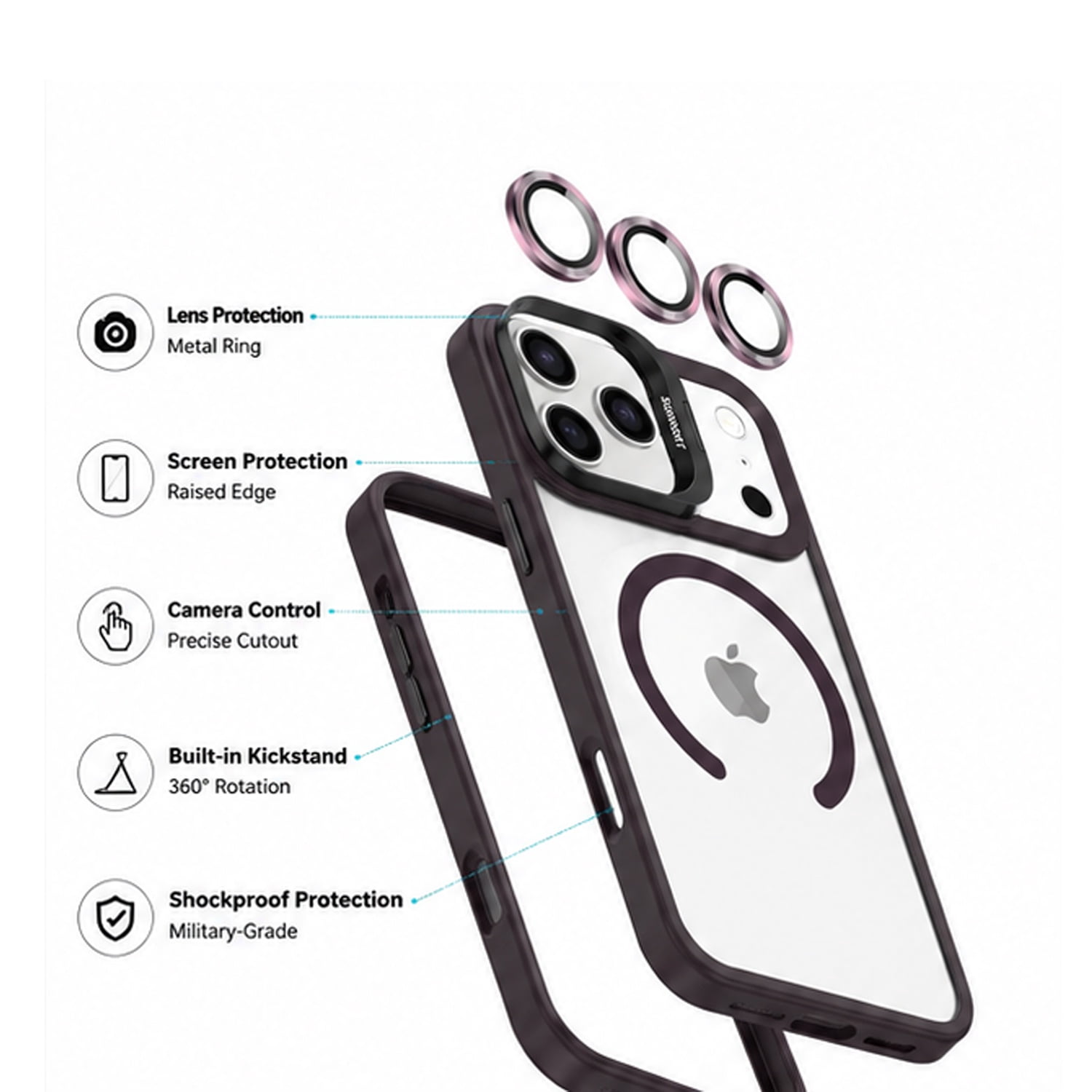 Thin Magnetic Clear Case with Camera Stand for iPhone 17 Pro Max - Black