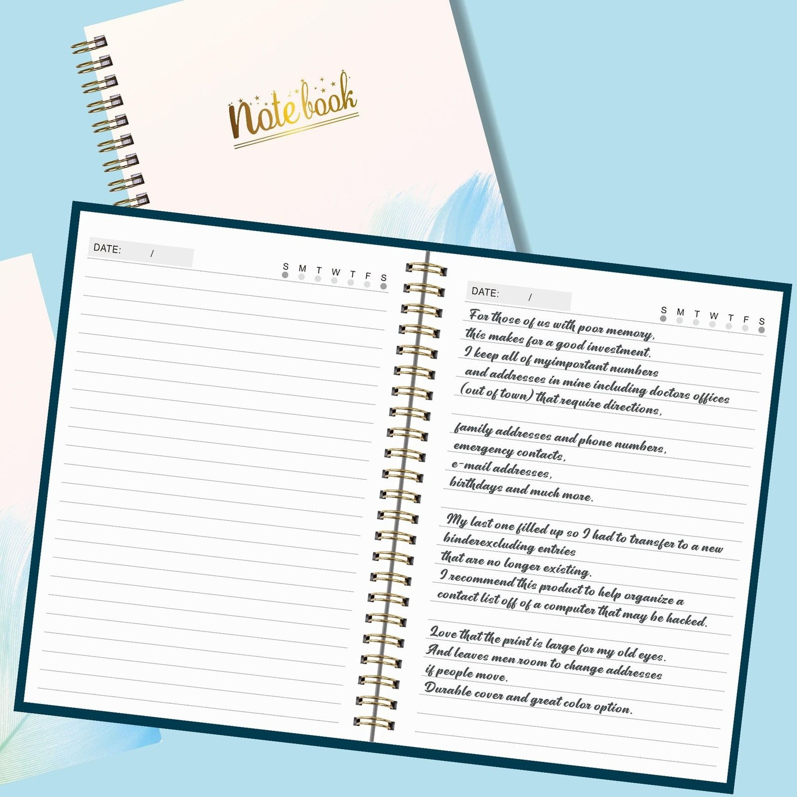 VKLU A5 Spiral Notebook - Elegant Feather Pattern Lined Journal, Portable Wirebound Notepad with English Coil Binding for Office Meeting Notes and Daily Writing, A