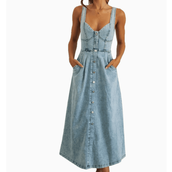 Stretchy Smocked Denim Dress for Women Sleeveless Babydoll Button Down Midi Long Jean Dresses