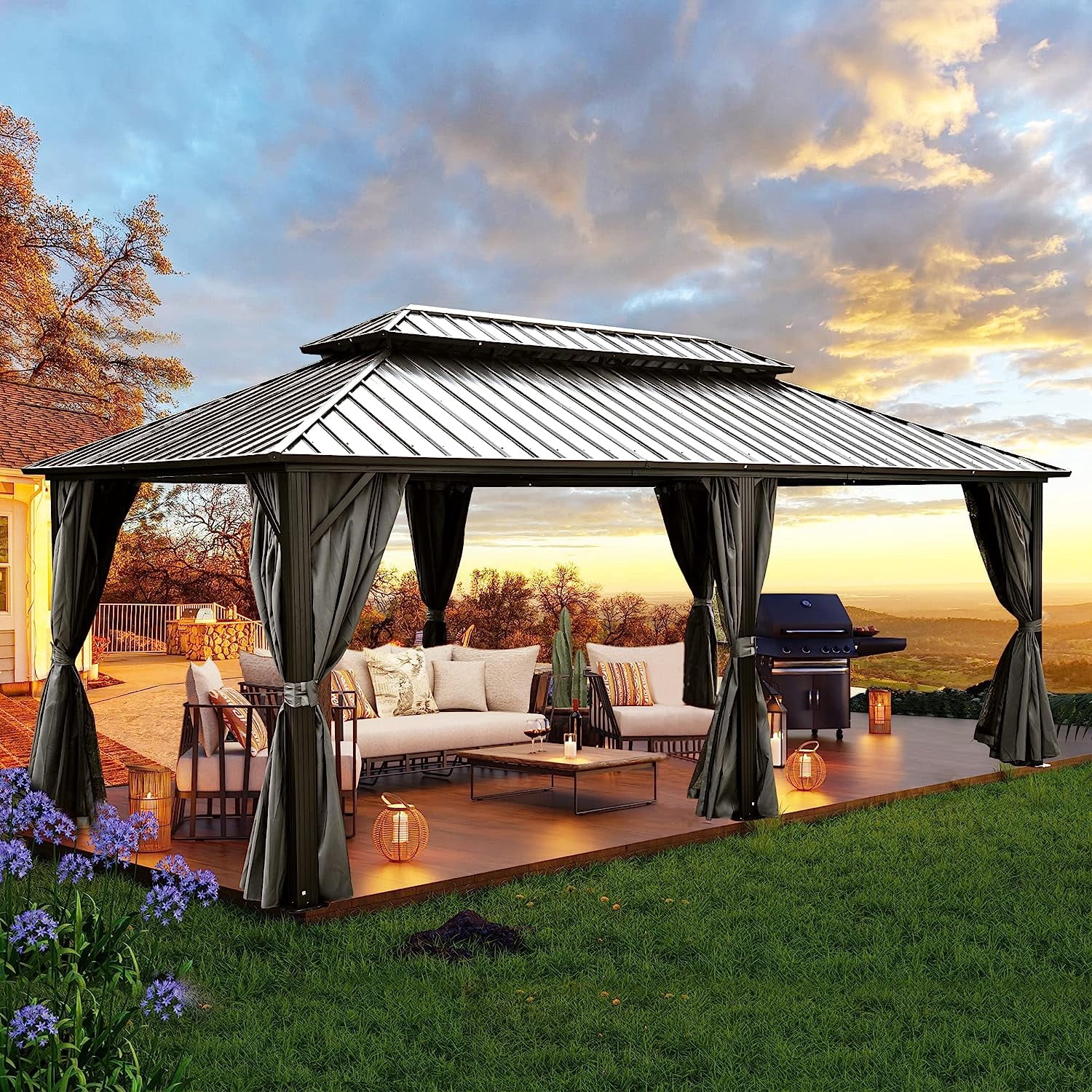 Dextrus Double Roof Hardtop Gazebo, Heavy Duty Hardtop with Netting and Curtains, Outdoor Galvanized Steel Combined of Vertical Stripes Roof for Patio, Backyard, Deck, Lawns-12x18ft, Gray