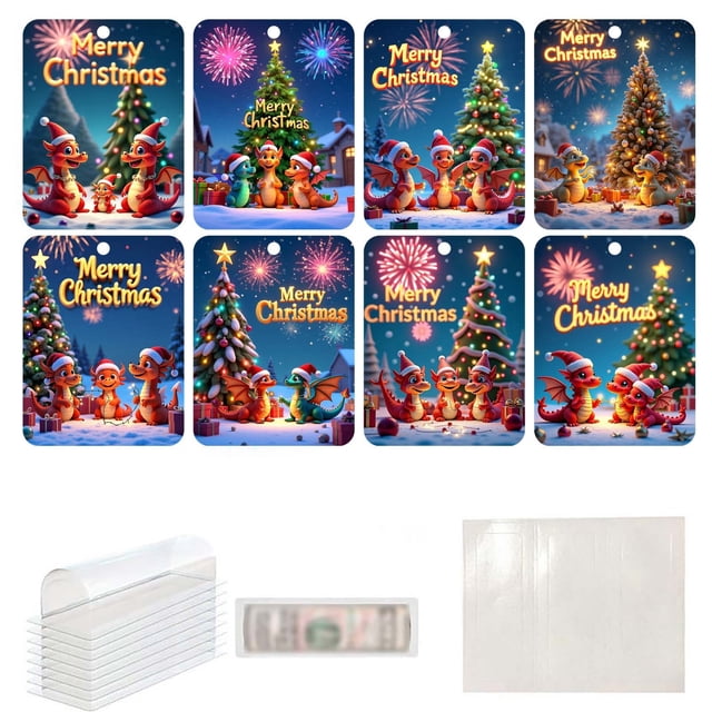 Christmas Money Holder Cards 8-Piece Set With Plastic Lid And Double-Sided Tape For Tree Decoration Or Gift Tag