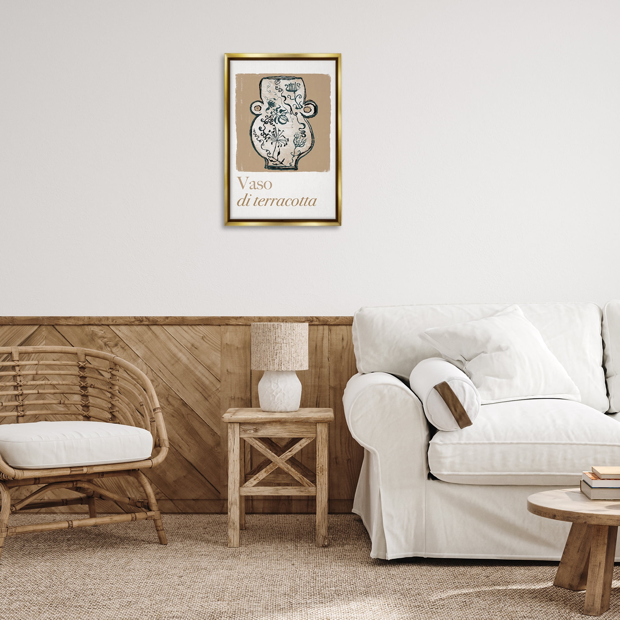 Stupell Industries Natural Terracotta Vase History & Language Painting Gold Floater Framed Canvas Art Print Wall Art, 17 x 25