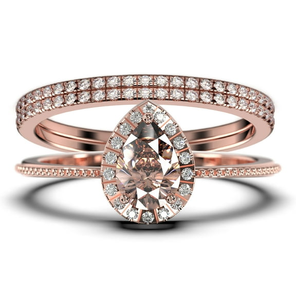 Art deco 2.00 Carat Vintage Pear Cut Morganite And Diamond Moissanite Engagement Ring Set, Wedding Ring in 925 Sterling Silver With 18k White Gold Plating Gift For Her Promise Ring Trio set