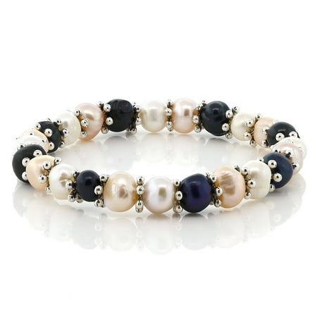 - Multi-Color Cultured Freshwater Pearl Stretchy Bracelet with Metal Spacer 18