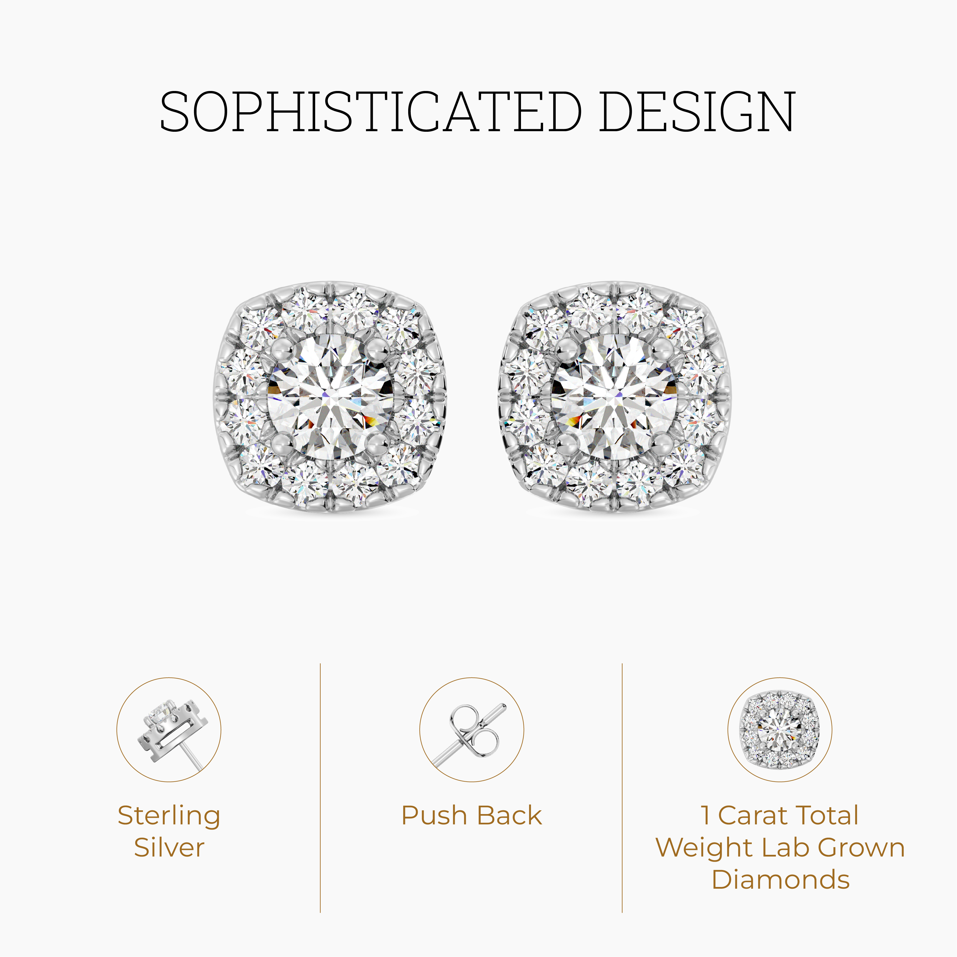 Gilded 1 Carat Total Weight Lab-Grown Diamond Stud Earrings for Women | 925 Sterling Silver | Cushion Halo Studs | Hypoallergenic Fine Jewelry | Prong Setting, Push Back Nut | SI1 Clarity, F Color