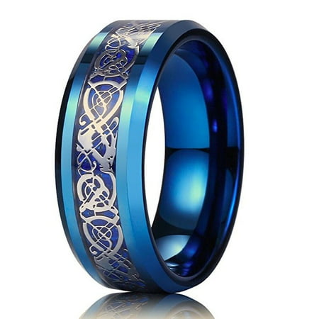 Wedding Rings Men & Women 8mm Blue Tungsten Wedding Band Silver Celtic Knot